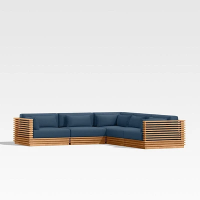 Batten Natural Teak -Piece L-Shaped Outdoor Sectional Sofa with Cast Harbor Navy Blue Sunbrella ® Cushions