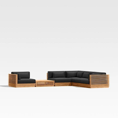 Batten Natural Teak 6-Piece L-Shaped Outdoor Sectional Sofa with Side Coffee Table & Canvas Sunbrella ® Cushions