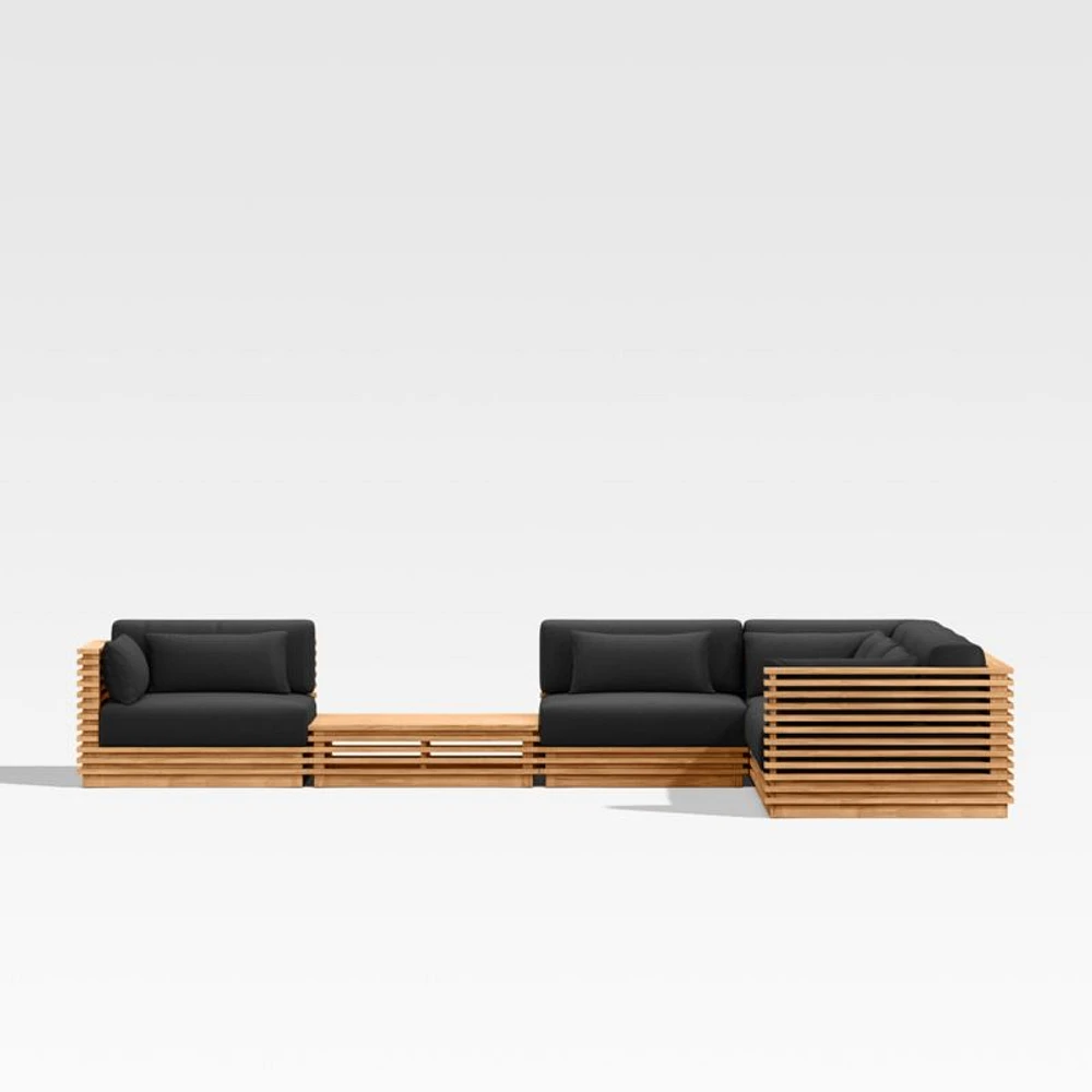 Batten Natural Teak 6-Piece L-Shaped Outdoor Sectional Sofa with Side Coffee Table & Canvas Sunbrella ® Cushions