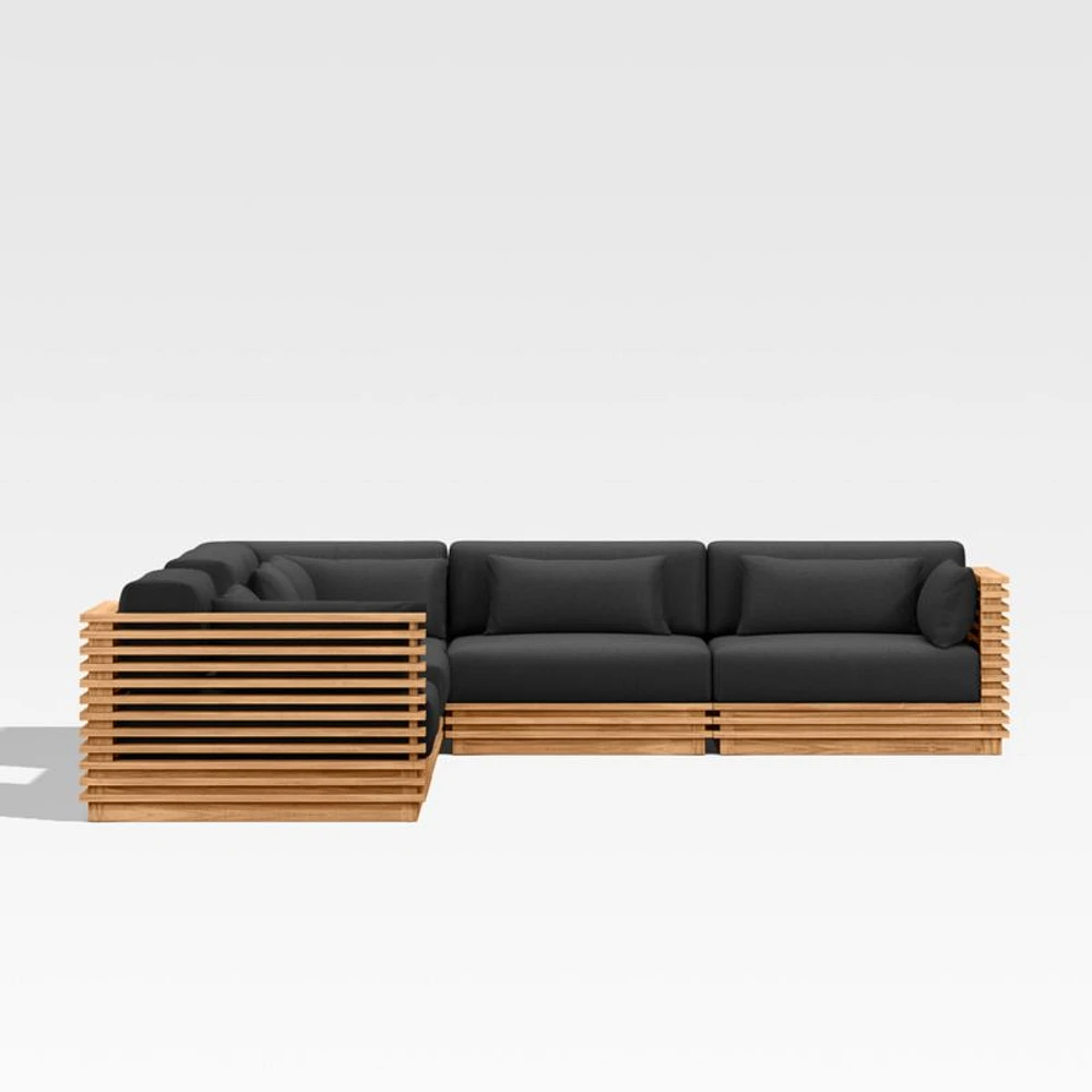 Batten Natural Teak 6-Piece L-Shaped Outdoor Sectional Sofa with Side Coffee Table & Canvas Sunbrella ® Cushions