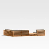 Batten Natural Teak 6-Piece L-Shaped Outdoor Sectional Sofa with Side Coffee Table & Cast Shale Brown Sunbrella ® Cushions