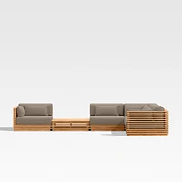 Batten Natural Teak 6-Piece L-Shaped Outdoor Sectional Sofa with Side Coffee Table & Cast Shale Brown Sunbrella ® Cushions