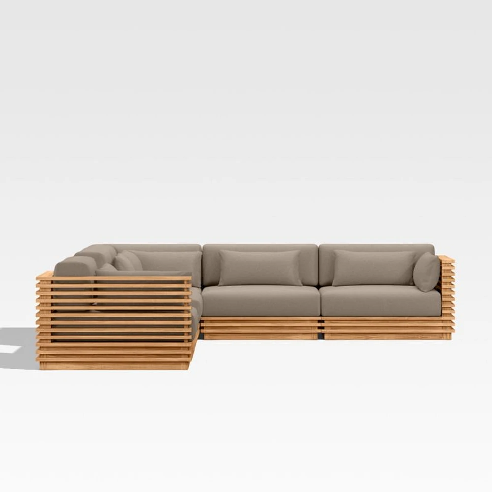 Batten Natural Teak 6-Piece L-Shaped Outdoor Sectional Sofa with Side Coffee Table & Cast Shale Brown Sunbrella ® Cushions