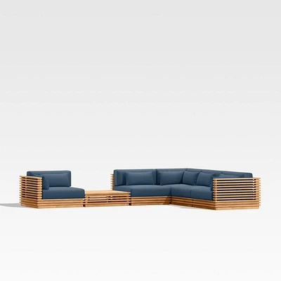 Batten Natural Teak 6-Piece L-Shaped Outdoor Sectional Sofa with Side Coffee Table & Cast Harbor Navy Blue Sunbrella ® Cushions