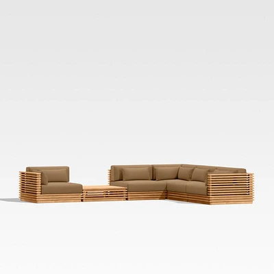 Batten Natural Teak 6-Piece L-Shaped Outdoor Sectional Sofa with Side Coffee Table & Cast Teak Sunbrella ® Cushions