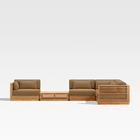 Batten Natural Teak 6-Piece L-Shaped Outdoor Sectional Sofa with Side Coffee Table & Cast Teak Sunbrella ® Cushions