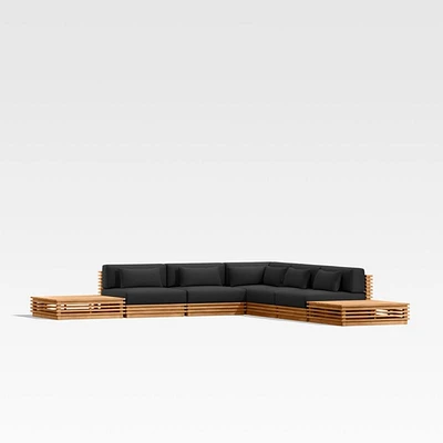Batten Natural Teak 7-Piece L-Shaped Outdoor Sectional Sofa with Side Coffee Tables & Canvas Sunbrella ® Cushions