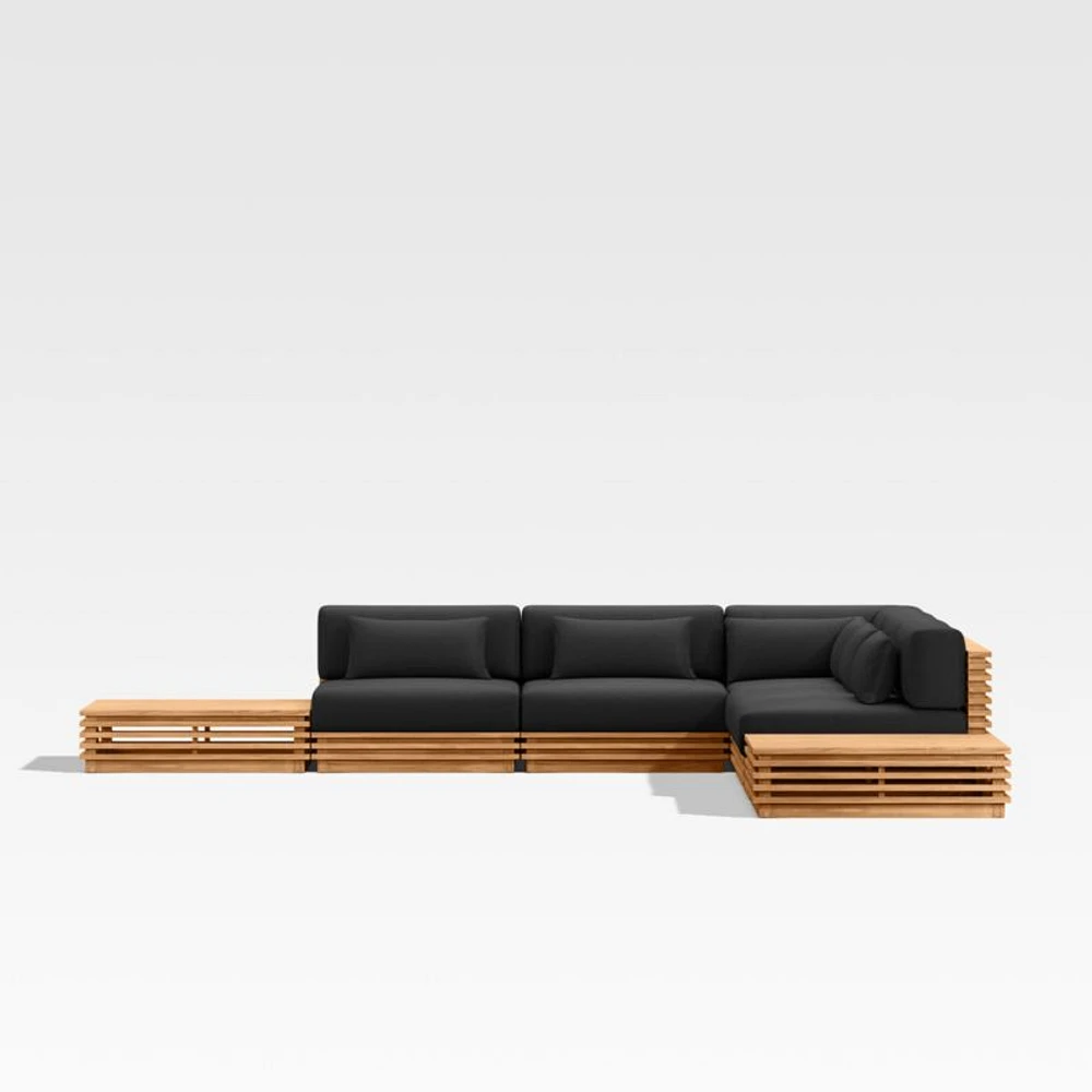 Batten Natural Teak 7-Piece L-Shaped Outdoor Sectional Sofa with Side Coffee Tables & Canvas Sunbrella ® Cushions