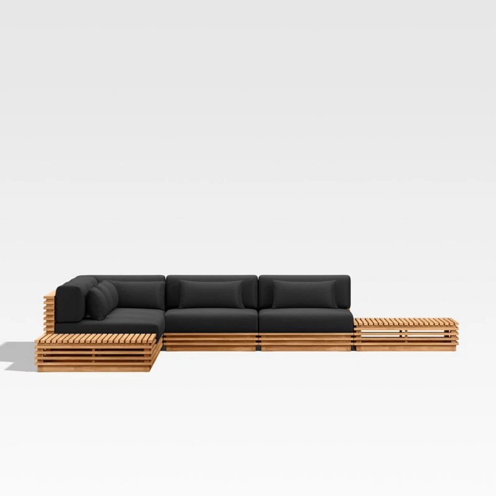 Batten Natural Teak 7-Piece L-Shaped Outdoor Sectional Sofa with Side Coffee Tables & Canvas Sunbrella ® Cushions