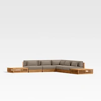 Batten Natural Teak 7-Piece L-Shaped Outdoor Sectional Sofa with Side Coffee Tables & Cast Shale Brown Sunbrella ® Cushions