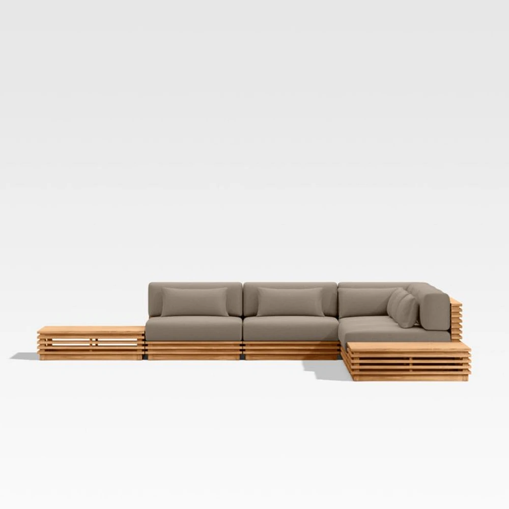 Batten Natural Teak 7-Piece L-Shaped Outdoor Sectional Sofa with Side Coffee Tables & Cast Shale Brown Sunbrella ® Cushions