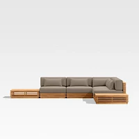 Batten Natural Teak 7-Piece L-Shaped Outdoor Sectional Sofa with Side Coffee Tables & Cast Shale Brown Sunbrella ® Cushions