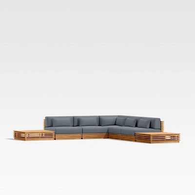 Batten Natural Teak 7-Piece L-Shaped Outdoor Sectional Sofa with Side Coffee Tables & Canvas Haze Blue Sunbrella ® Cushions