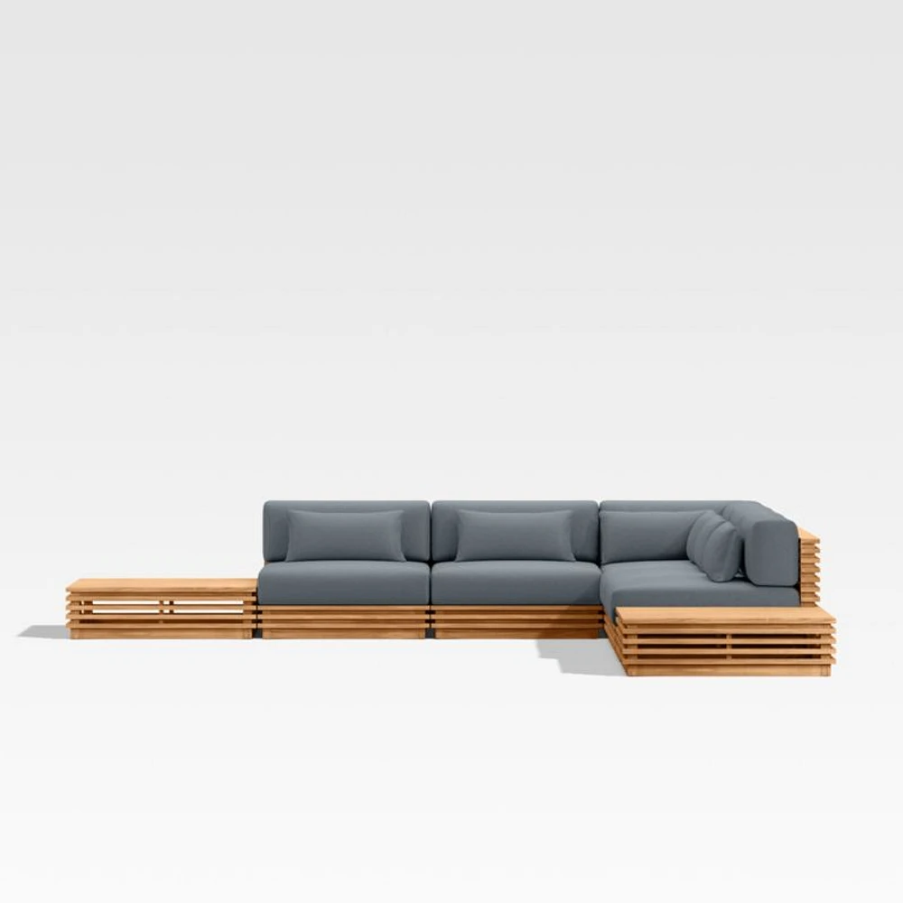 Batten Natural Teak 7-Piece L-Shaped Outdoor Sectional Sofa with Side Coffee Tables & Canvas Haze Blue Sunbrella ® Cushions