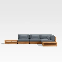 Batten Natural Teak 7-Piece L-Shaped Outdoor Sectional Sofa with Side Coffee Tables & Canvas Haze Blue Sunbrella ® Cushions