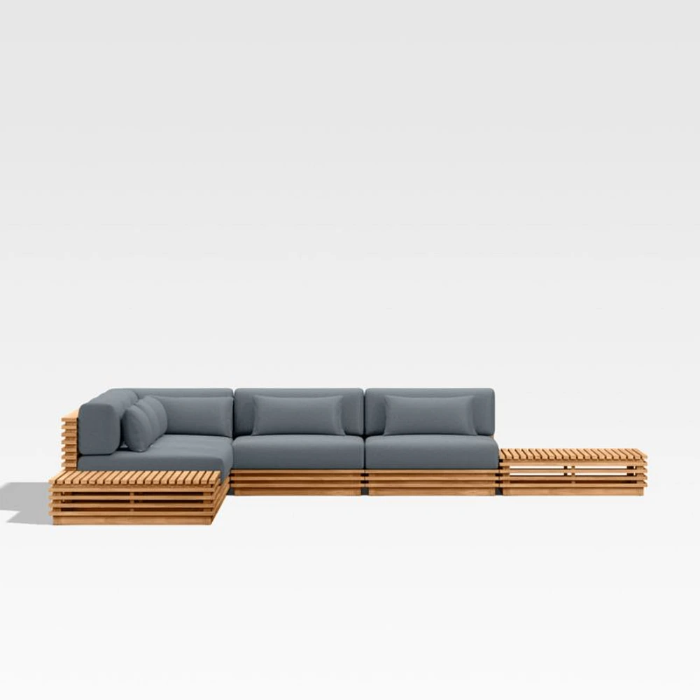 Batten Natural Teak 7-Piece L-Shaped Outdoor Sectional Sofa with Side Coffee Tables & Canvas Haze Blue Sunbrella ® Cushions