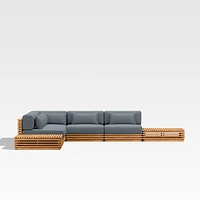 Batten Natural Teak 7-Piece L-Shaped Outdoor Sectional Sofa with Side Coffee Tables & Canvas Haze Blue Sunbrella ® Cushions