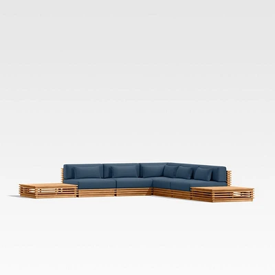 Batten Natural Teak 7-Piece L-Shaped Outdoor Sectional Sofa with Side Coffee Tables & Cast Harbor Navy Blue Sunbrella ® Cushions