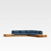 Batten Natural Teak 7-Piece L-Shaped Outdoor Sectional Sofa with Side Coffee Tables & Cast Harbor Navy Blue Sunbrella ® Cushions