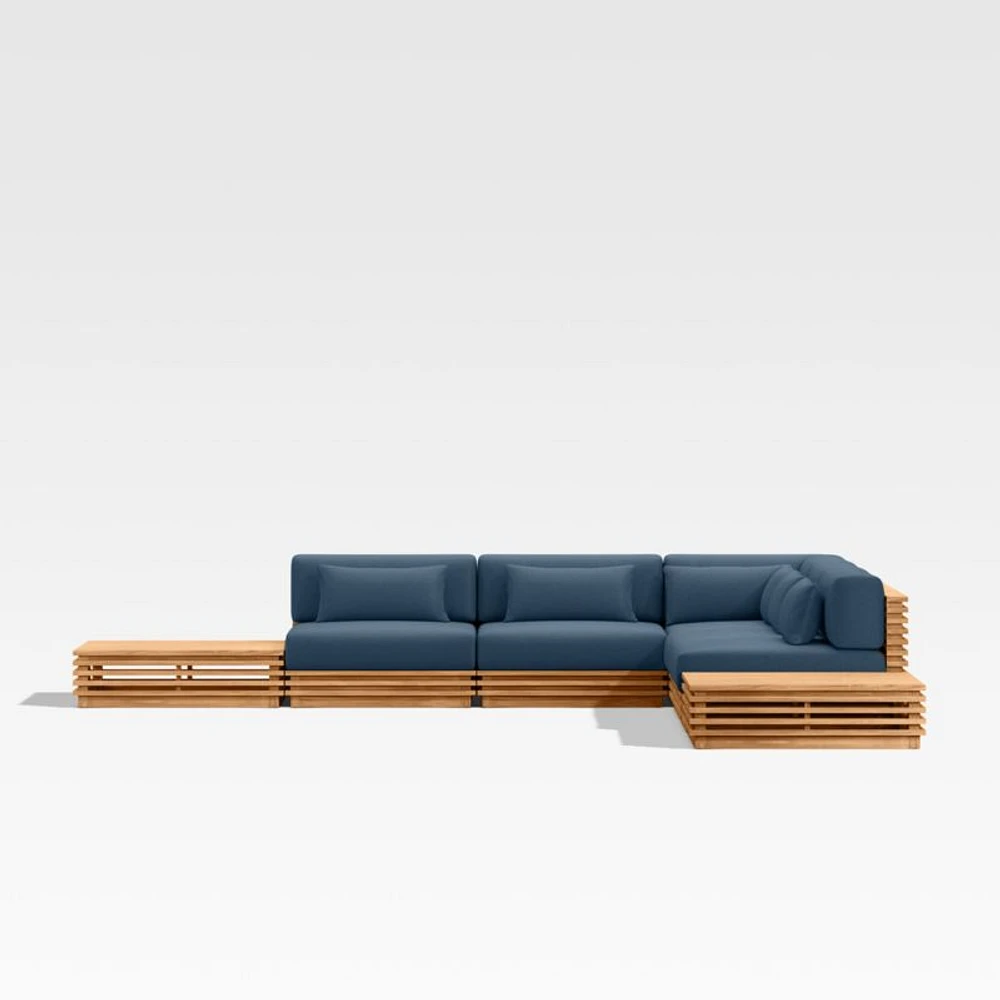 Batten Natural Teak 7-Piece L-Shaped Outdoor Sectional Sofa with Side Coffee Tables & Cast Harbor Navy Blue Sunbrella ® Cushions
