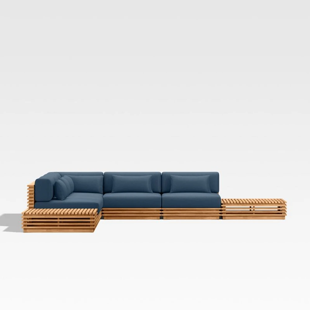 Batten Natural Teak 7-Piece L-Shaped Outdoor Sectional Sofa with Side Coffee Tables & Cast Harbor Navy Blue Sunbrella ® Cushions