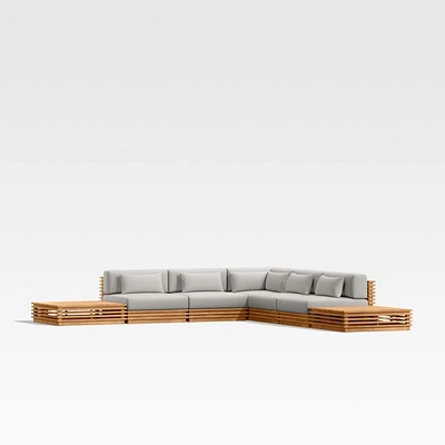 Batten Natural Teak 7-Piece L-Shaped Outdoor Sectional Sofa with Side Coffee Tables & Cast Silver Sunbrella ® Cushions