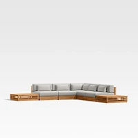Batten Natural Teak 7-Piece L-Shaped Outdoor Sectional Sofa with Side Coffee Tables & Cast Silver Sunbrella ® Cushions