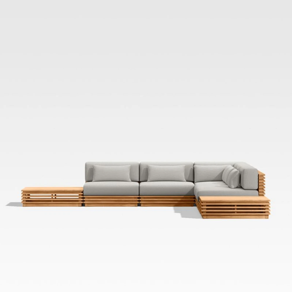 Batten Natural Teak 7-Piece L-Shaped Outdoor Sectional Sofa with Side Coffee Tables & Cast Silver Sunbrella ® Cushions