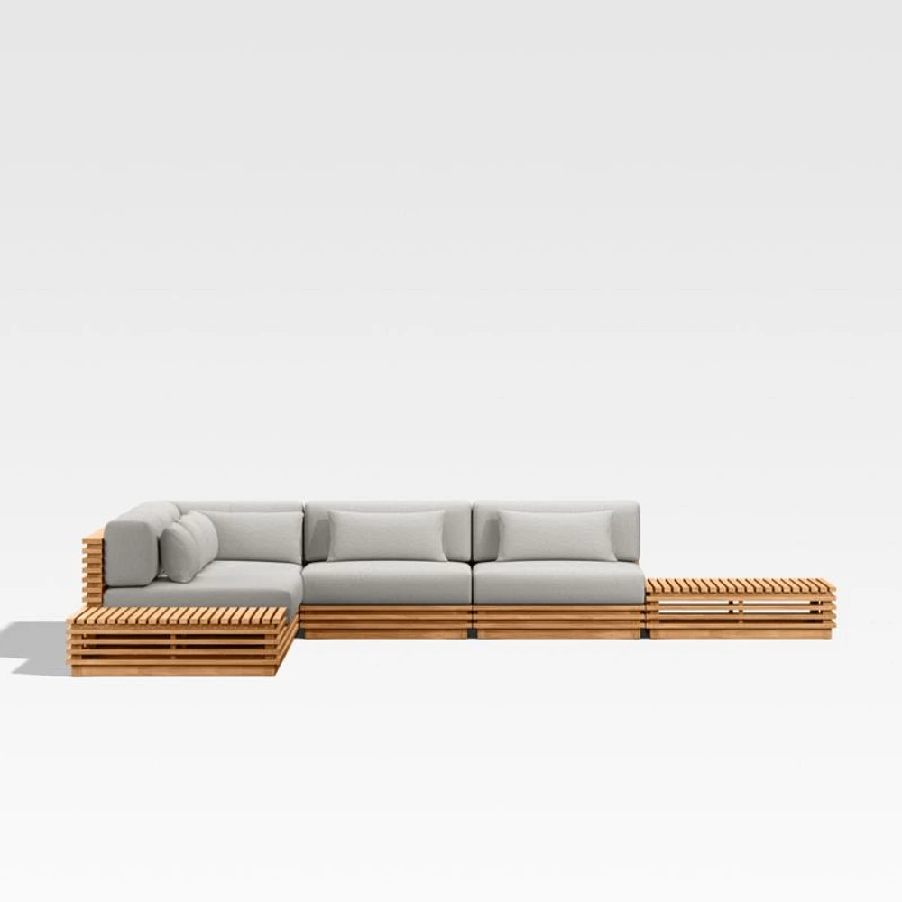 Batten Natural Teak 7-Piece L-Shaped Outdoor Sectional Sofa with Side Coffee Tables & Cast Silver Sunbrella ® Cushions