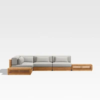 Batten Natural Teak 7-Piece L-Shaped Outdoor Sectional Sofa with Side Coffee Tables & Cast Silver Sunbrella ® Cushions