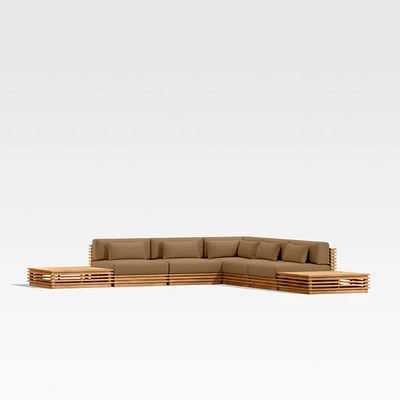 Batten Natural Teak 7-Piece L-Shaped Outdoor Sectional Sofa with Side Coffee Tables & Cast Teak Sunbrella ® Cushions