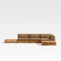 Batten Natural Teak 7-Piece L-Shaped Outdoor Sectional Sofa with Side Coffee Tables & Cast Teak Sunbrella ® Cushions