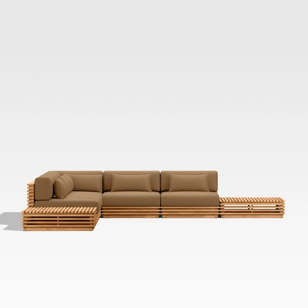 Batten Natural Teak 7-Piece L-Shaped Outdoor Sectional Sofa with Side Coffee Tables & Cast Teak Sunbrella ® Cushions