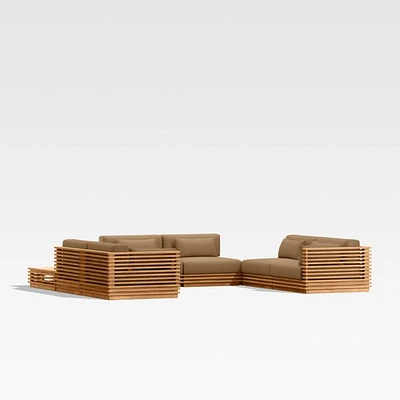 Batten Natural Teak 8-Piece U-Shaped Outdoor Sectional Sofa with Corner Coffee Tables & Cast Teak Sunbrella ® Cushions