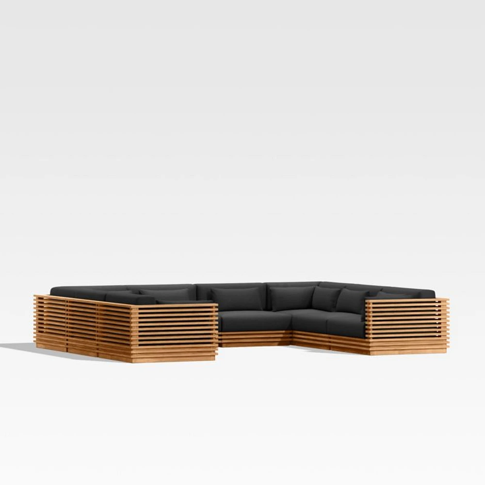 Batten Natural Teak 8-Piece U-Shaped Outdoor Sectional Sofa with Canvas Black Sunbrella ® Cushions