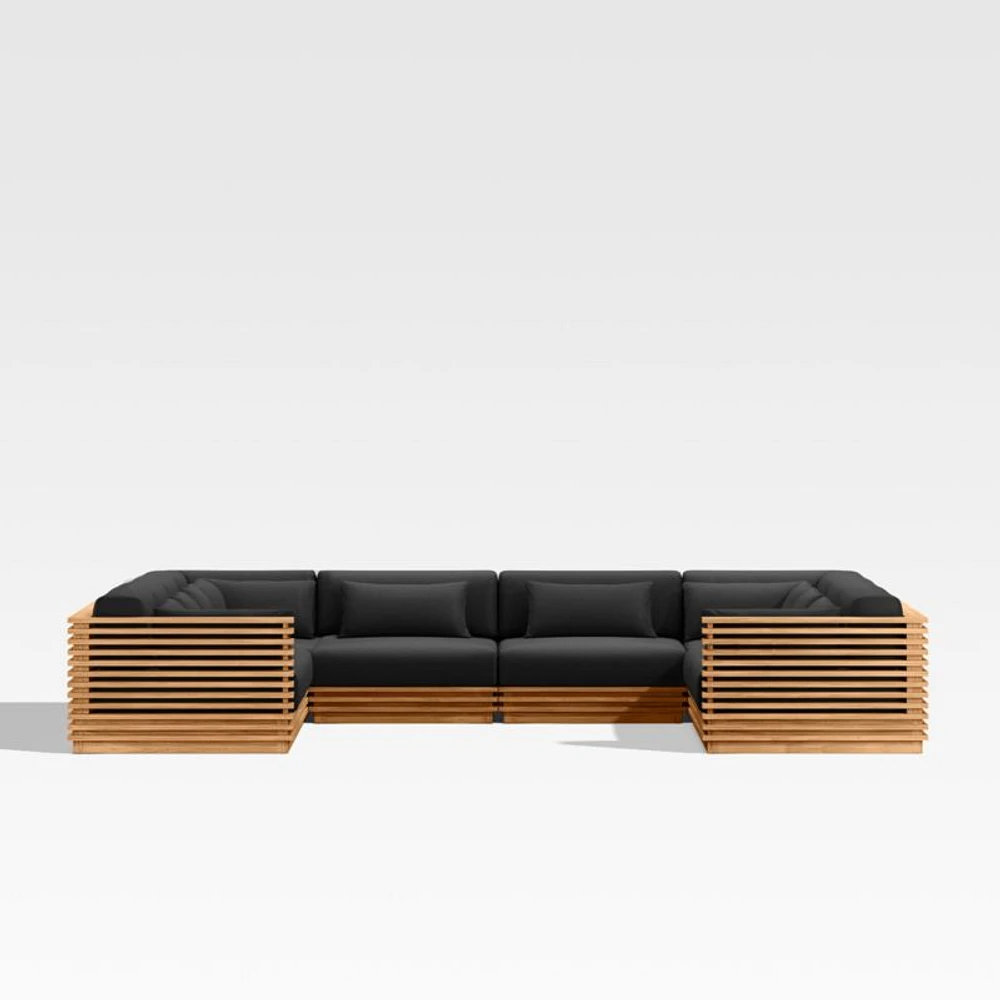 Batten Natural Teak 8-Piece U-Shaped Outdoor Sectional Sofa with Canvas Black Sunbrella ® Cushions