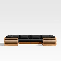Batten Natural Teak 8-Piece U-Shaped Outdoor Sectional Sofa with Canvas Black Sunbrella ® Cushions