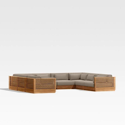Batten Natural Teak 8-Piece U-Shaped Outdoor Sectional Sofa with Cast Shale Brown Sunbrella ® Cushions