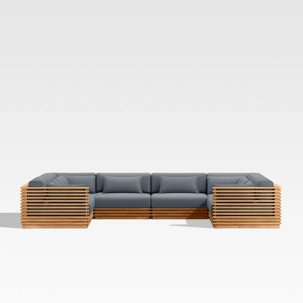 Batten Natural Teak 8-Piece U-Shaped Outdoor Sectional Sofa with Canvas Haze Blue Sunbrella ® Cushions