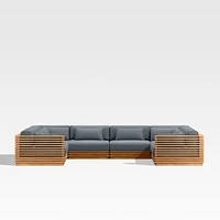 Batten Natural Teak 8-Piece U-Shaped Outdoor Sectional Sofa with Canvas Haze Blue Sunbrella ® Cushions