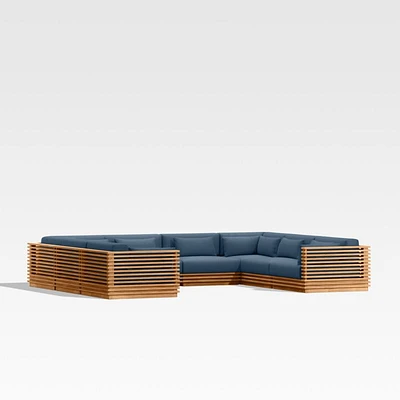 Batten Natural Teak 8-Piece U-Shaped Outdoor Sectional Sofa with Cast Harbor Navy Blue Sunbrella ® Cushions