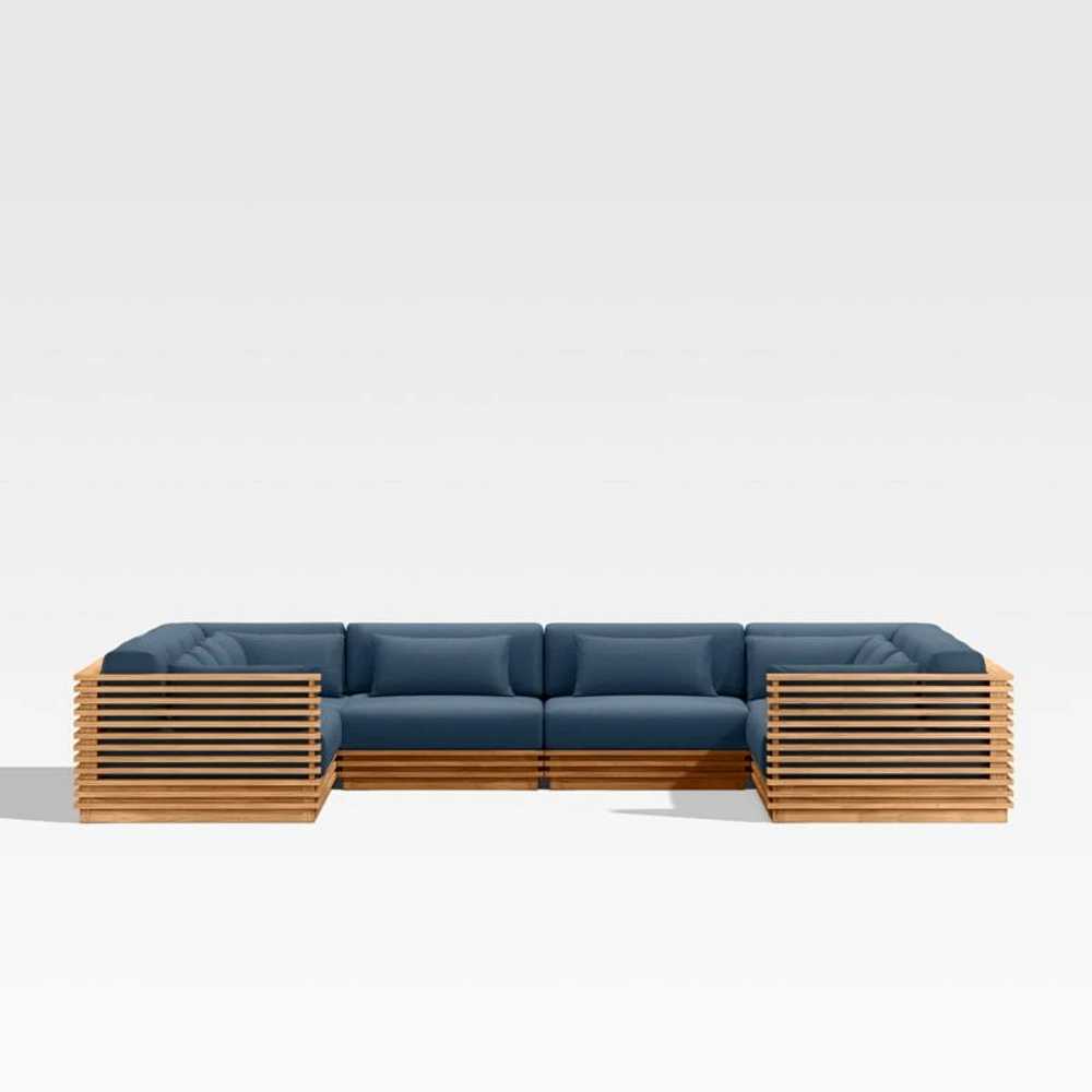Batten Natural Teak 8-Piece U-Shaped Outdoor Sectional Sofa with Cast Harbor Navy Blue Sunbrella ® Cushions