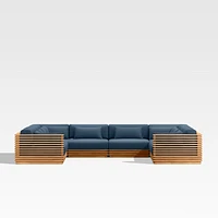 Batten Natural Teak 8-Piece U-Shaped Outdoor Sectional Sofa with Cast Harbor Navy Blue Sunbrella ® Cushions