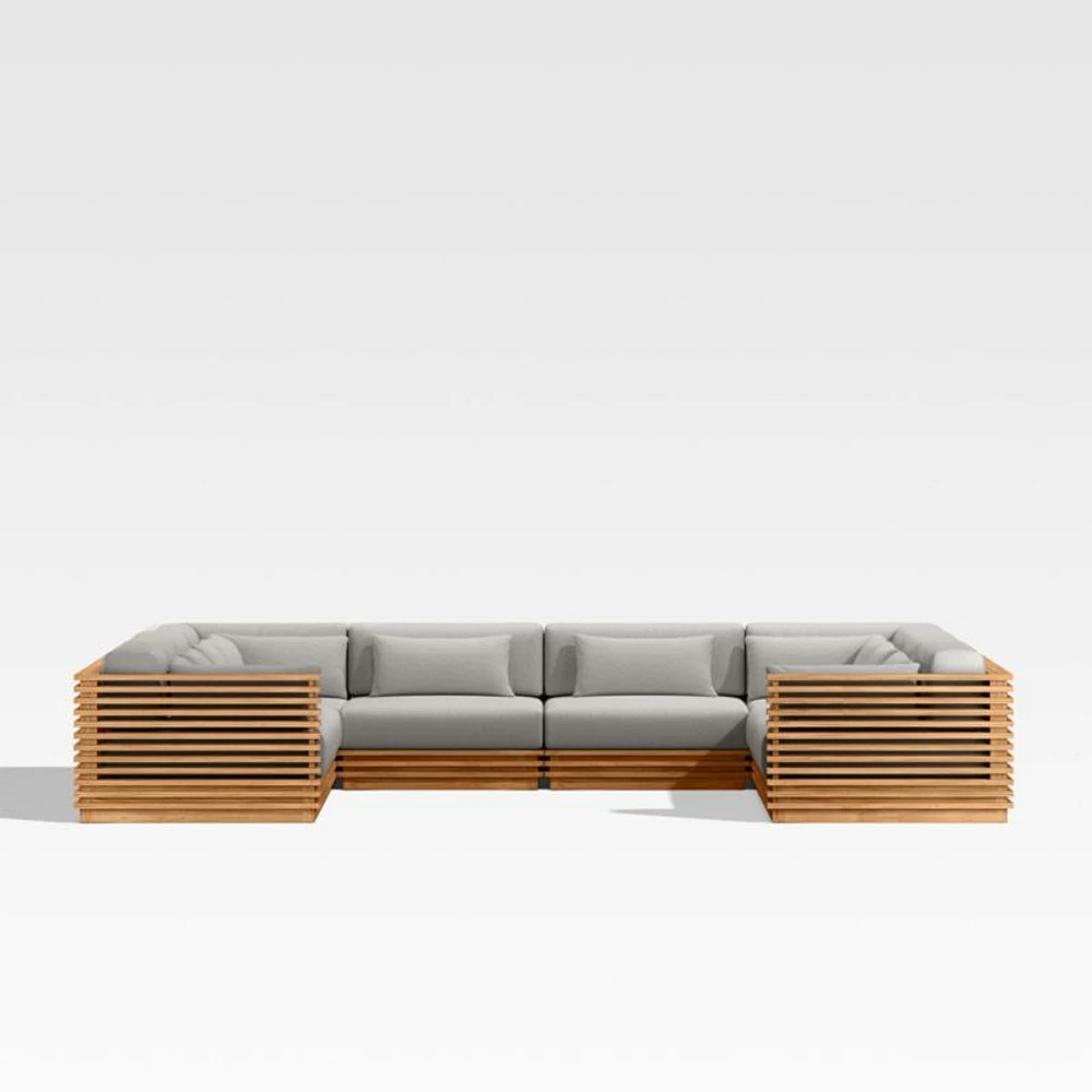 Batten Natural Teak 8-Piece U-Shaped Outdoor Sectional Sofa with Cast Silver Sunbrella ® Cushions