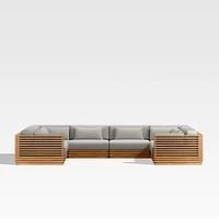 Batten Natural Teak 8-Piece U-Shaped Outdoor Sectional Sofa with Cast Silver Sunbrella ® Cushions