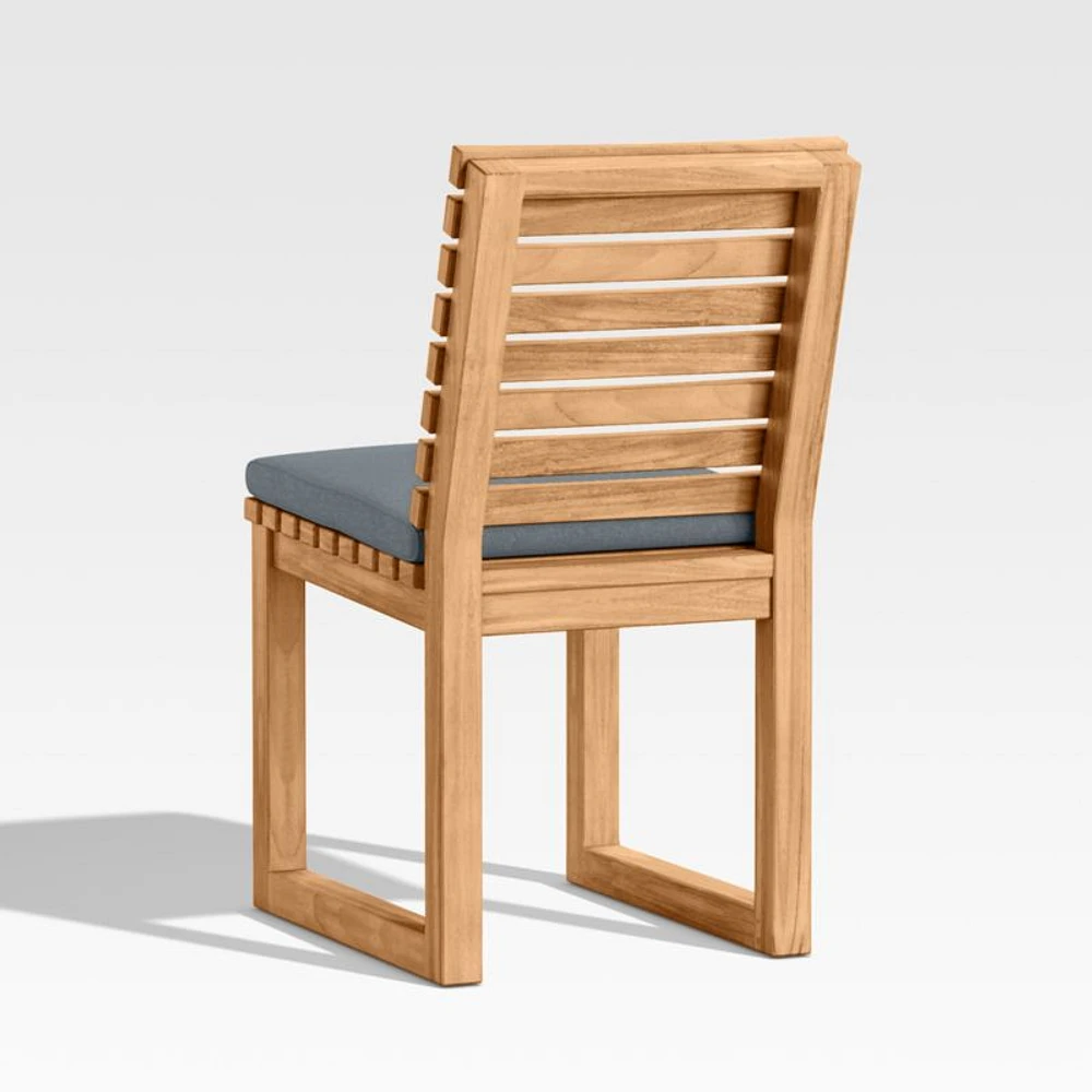 Batten Natural Teak Outdoor Dining Side Chair with Canvas Haze Blue Sunbrella ® Cushions
