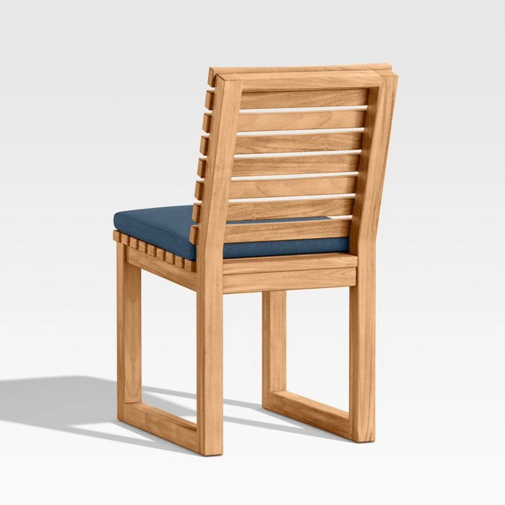 Batten Natural Teak Outdoor Dining Side Chair with Cast Harbor Navy Blue Sunbrella ® Cushions