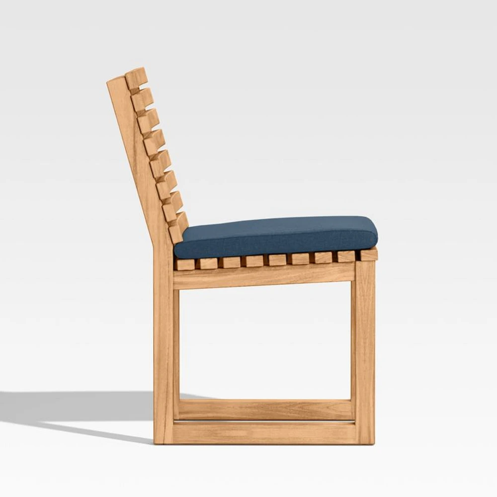 Batten Natural Teak Outdoor Dining Side Chair with Cast Harbor Navy Blue Sunbrella ® Cushions