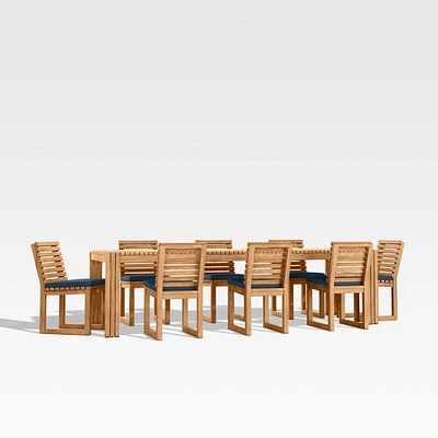 Batten 86"-110" Natural Teak Extension Outdoor Dining Table Set with Cast Harbor Navy Blue Sunbrella ® Cushions