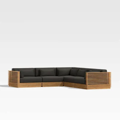 Batten -Piece L-Shaped Teak Outdoor Sectional Sofa with Charcoal Cushions